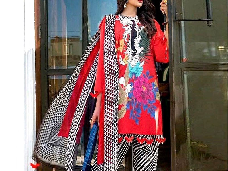 Vibrant Embroidered Lawn Dress with Chiffon Dupatta