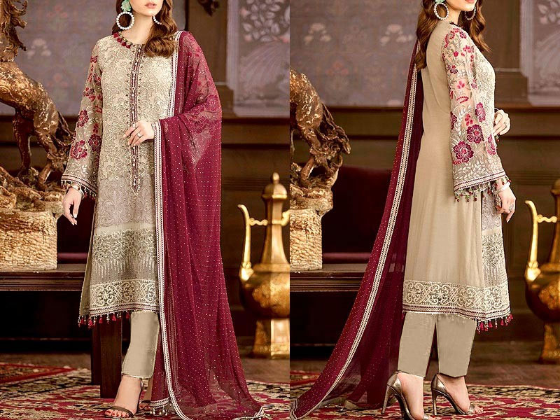 Luxury Embroidered Chiffon Wedding Dress with Four Side Embroidered Dupatta