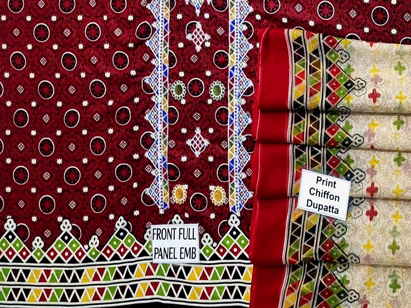 Traditional  Panel Embroidered Ajrak Design Lawn Dress with Chiffon Dupatta