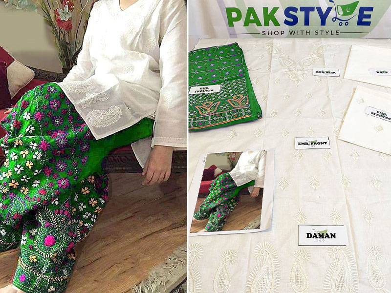 Trendy 2-Piece Embroidered Cotton Lawn Dress with Green Phulkari Embroidered Trouser