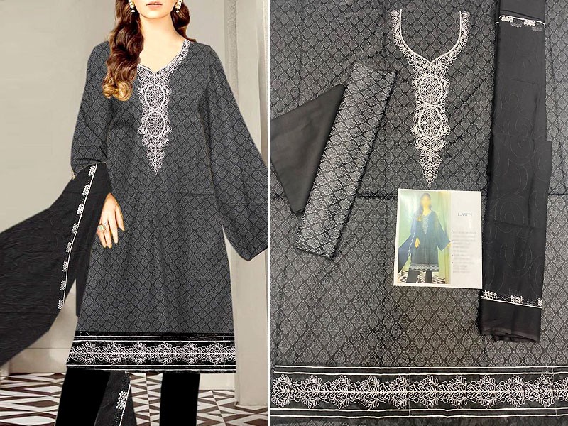 Embroidered Black Lawn Dress with Embroidered Chiffon Dupatta