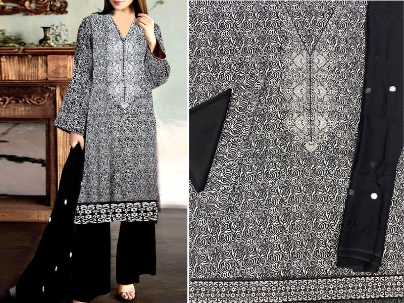 Embroidered Black Lawn Dress with Embroidered Chiffon Dupatta