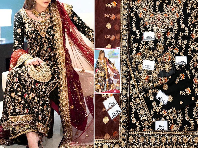 Heavy Embroidered Chiffon Wedding Dress with Net Dupatta