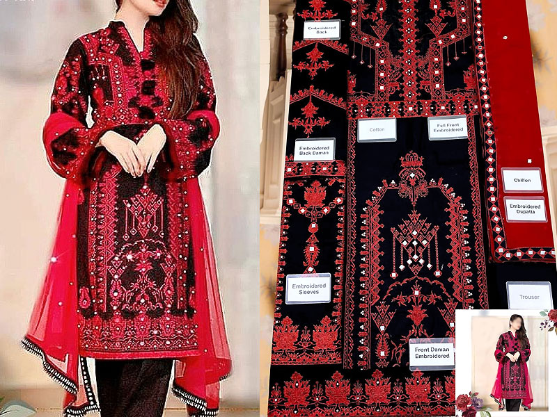 Traditional Design Mirror Work Embroidered Cotton Dress with Chiffon Dupatta