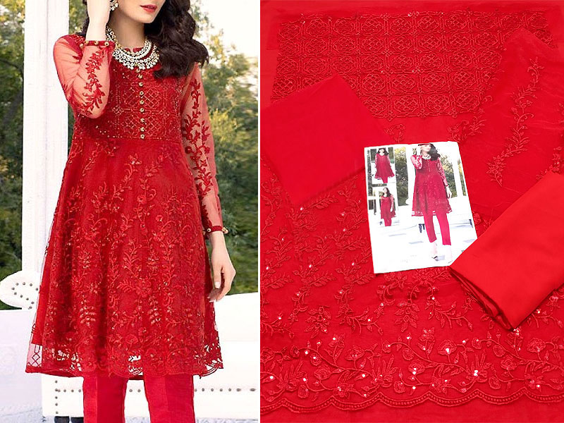 2-Piece Embroidered Red Net Party Wear Dress