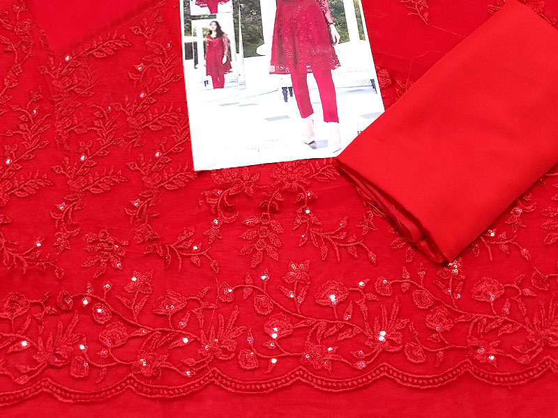 2-Piece Embroidered Red Net Party Wear Dress