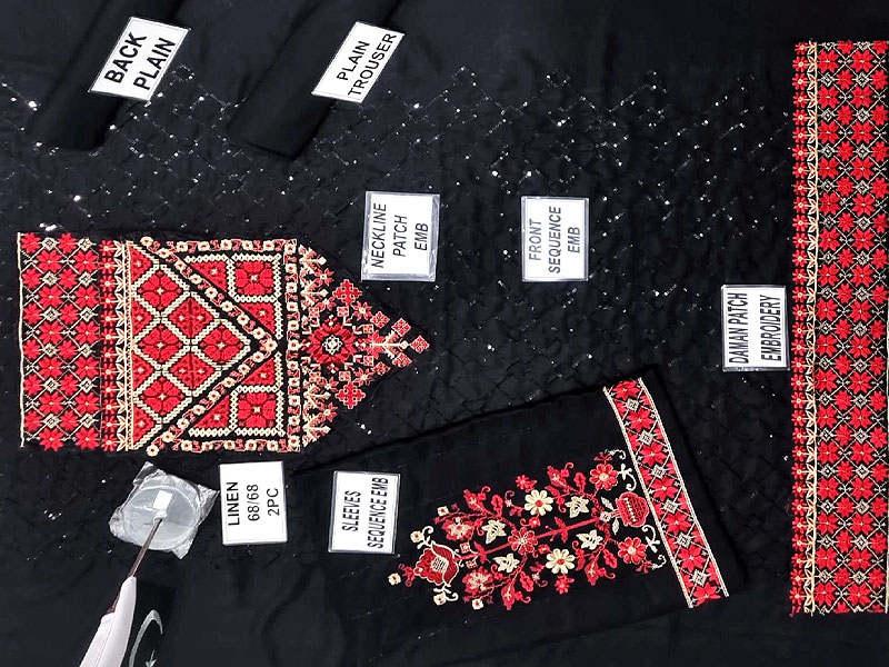 2-Piece Sequins Embroidered Black Linen Dress 2022