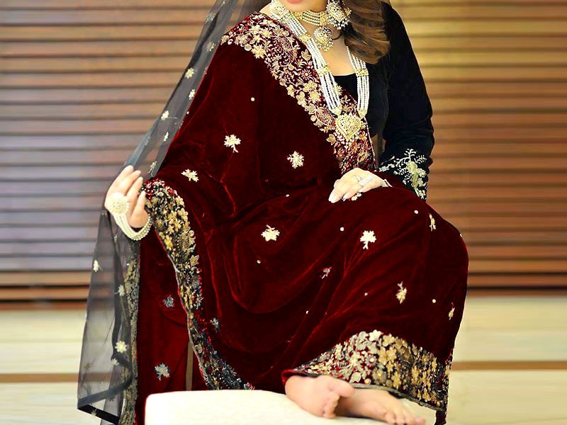 Elegant Embroidered Maroon Bridal Velvet Shawl