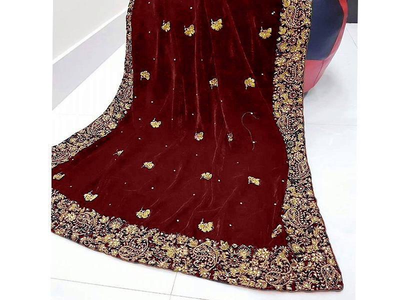 Elegant Embroidered Maroon Bridal Velvet Shawl