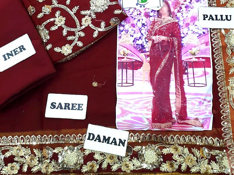 Embroidered Maroon Chiffon Saree with Inner