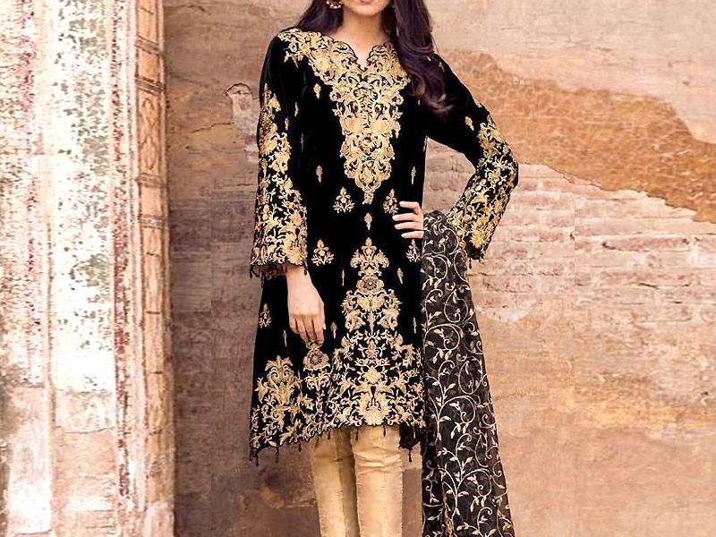 Heavy Sequins Embroidered Velvet Dress with Chiffon Dupatta & Silk Trouser Price in Pakistan