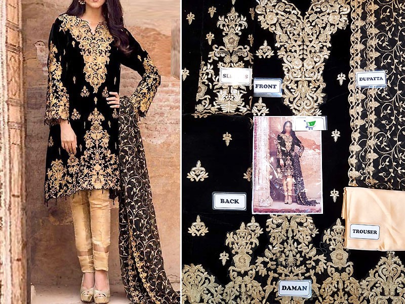 Heavy Sequins Embroidered Velvet Dress with Chiffon Dupatta & Silk Trouser