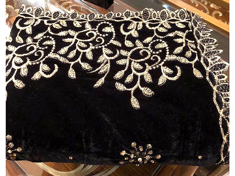Heavy Embroidered Cutwork Black Bridal Velvet Shawl