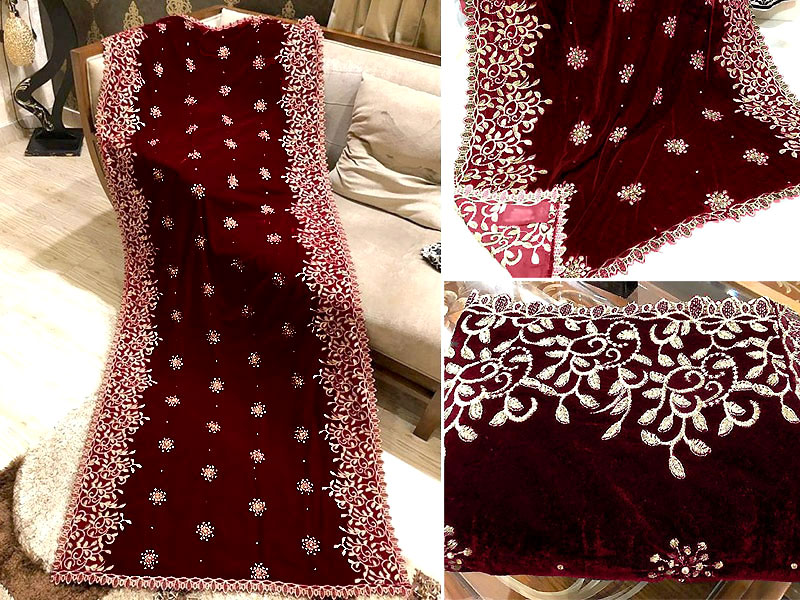 Heavy Embroidered Cutwork Maroon Bridal Velvet Shawl Price in Pakistan
