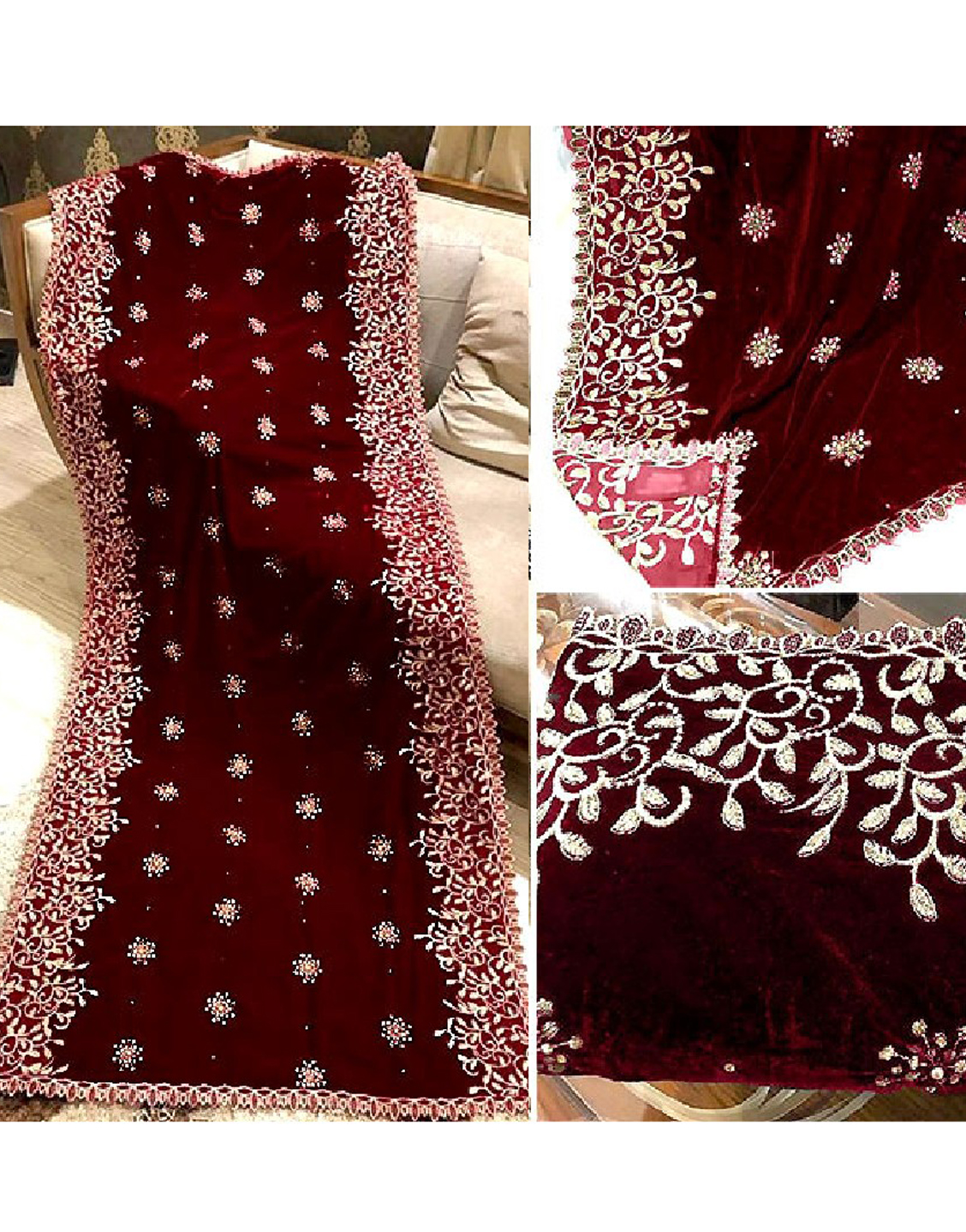 Luxury Heavy Embroidered Bridal Velvet Shawl - Maroon Price in Pakistan