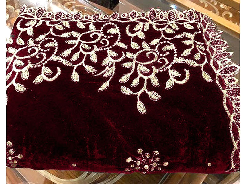 Heavy Embroidered Cutwork Maroon Bridal Velvet Shawl