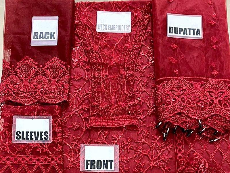 Elegant Handwork Embroidered Maroon Organza Wedding Dress