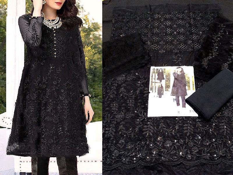 2-Piece Embroidered Black Net Party Wear Dress