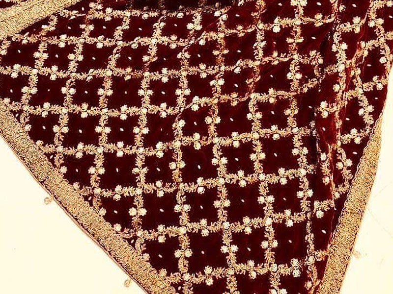 Luxury Heavy Embroidered Bridal Velvet Shawl - Maroon