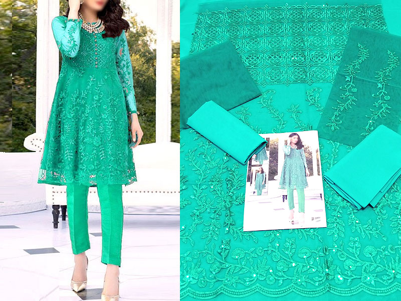 2-Piece Embroidered Sea Green Net Party Wear Dress  with Inner