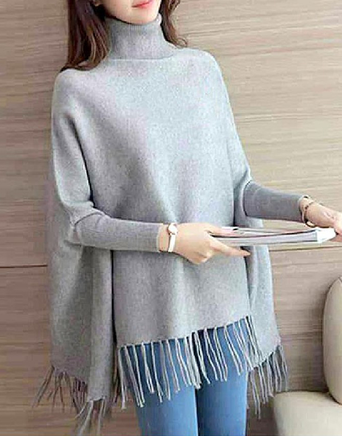 Grey Poncho Style Fleece Top for Girls - Charcoal Grey Price in Pakistan