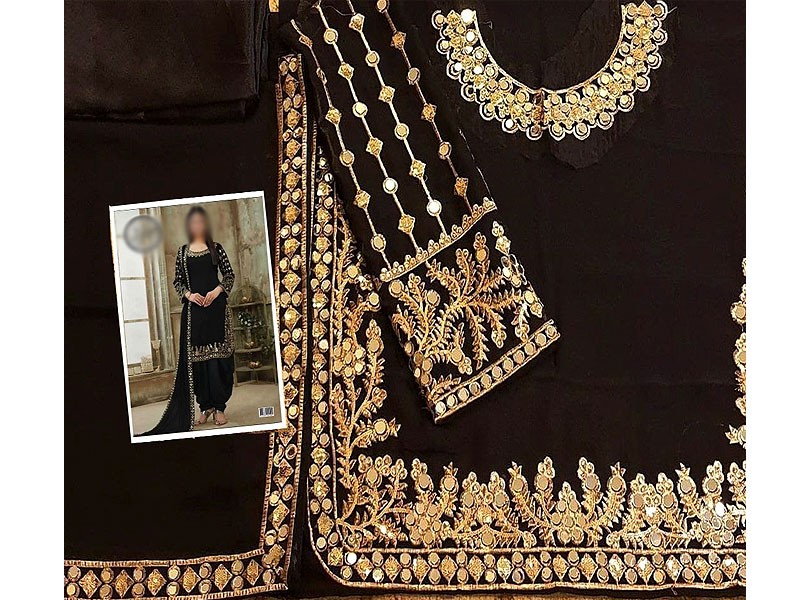 Mirror Work Embroidered Black Chiffon Dress