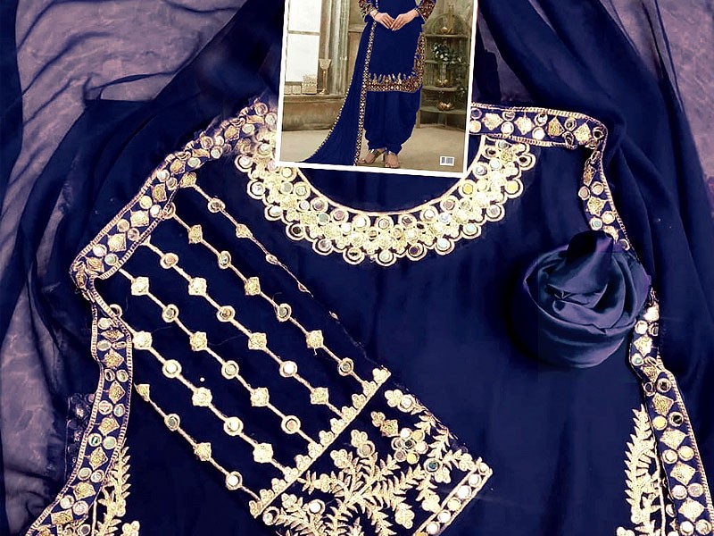 Mirror Work Embroidered Navy Blue Chiffon Dress