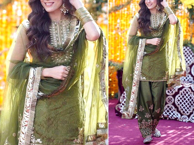 Mirror Work Embroidered Organza Green Mehndi Dress Price in Pakistan