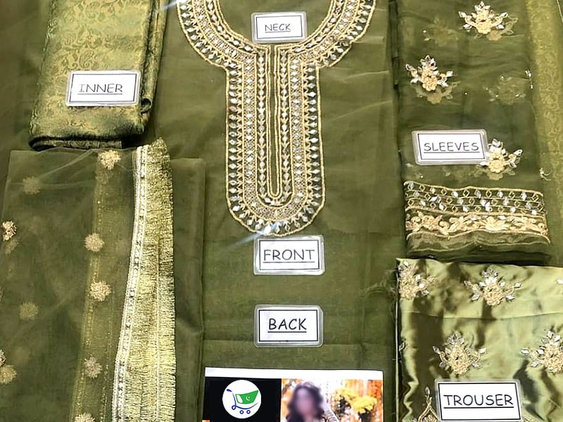 Mirror Work Embroidered Organza Green Mehndi Dress
