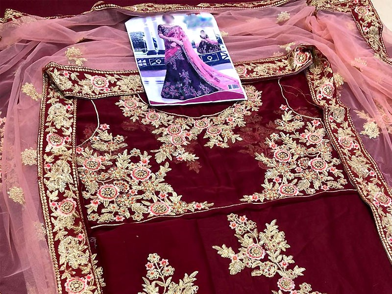 Indian Heavy Embroidered Maroon Chiffon Maxi Dress