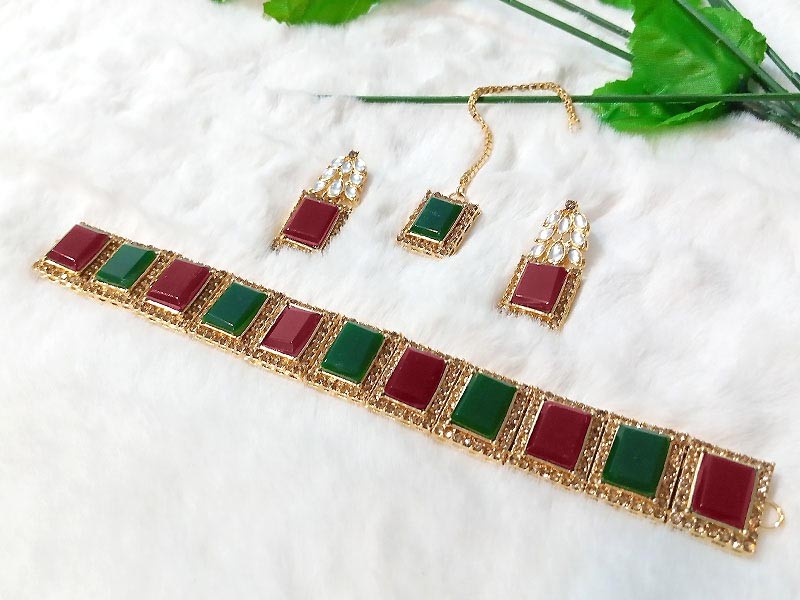 Elegant Multicolor Stones Golden Choker Necklace Set with Earrings & Tikka