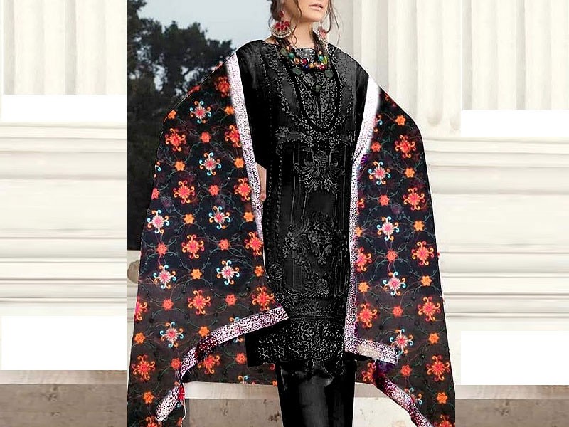 Embroidered Black Chiffon Dress with Phulkari Embroidered Dupatta