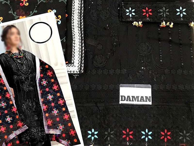 Embroidered Black Chiffon Dress with Phulkari Embroidered Dupatta