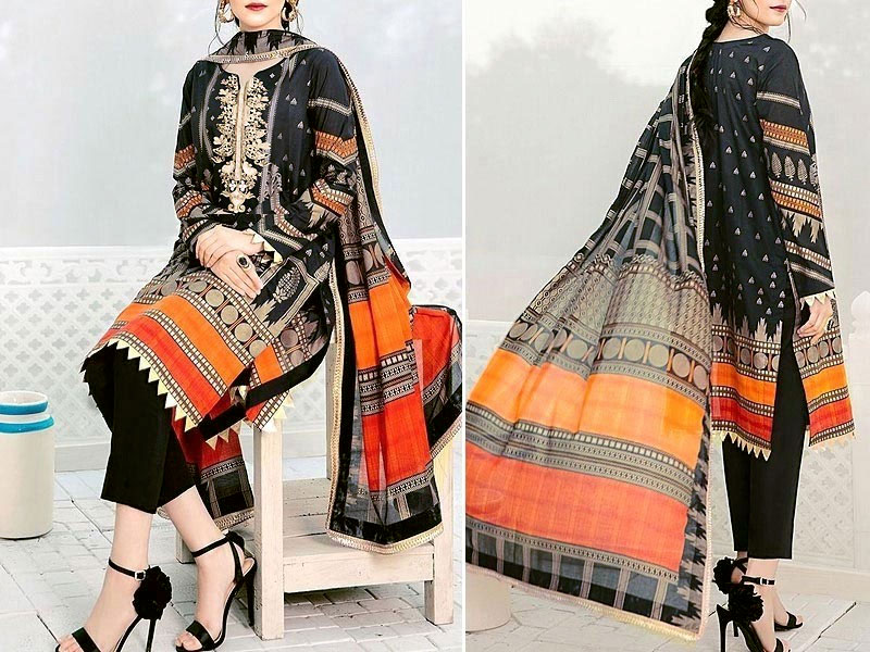 Hit Design Embroidered Black Lawn Dress with Chiffon Dupatta Price in Pakistan