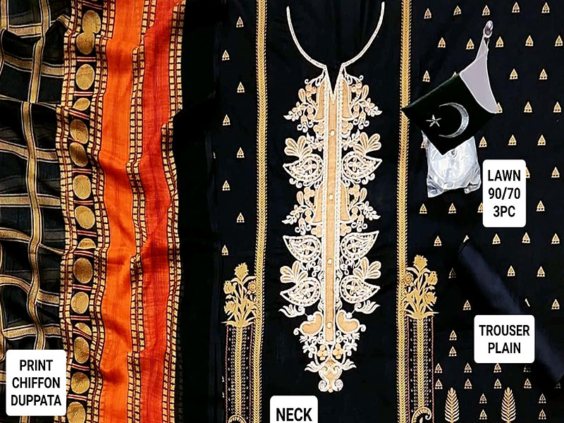 Hit Design Embroidered Black Lawn Dress with Chiffon Dupatta