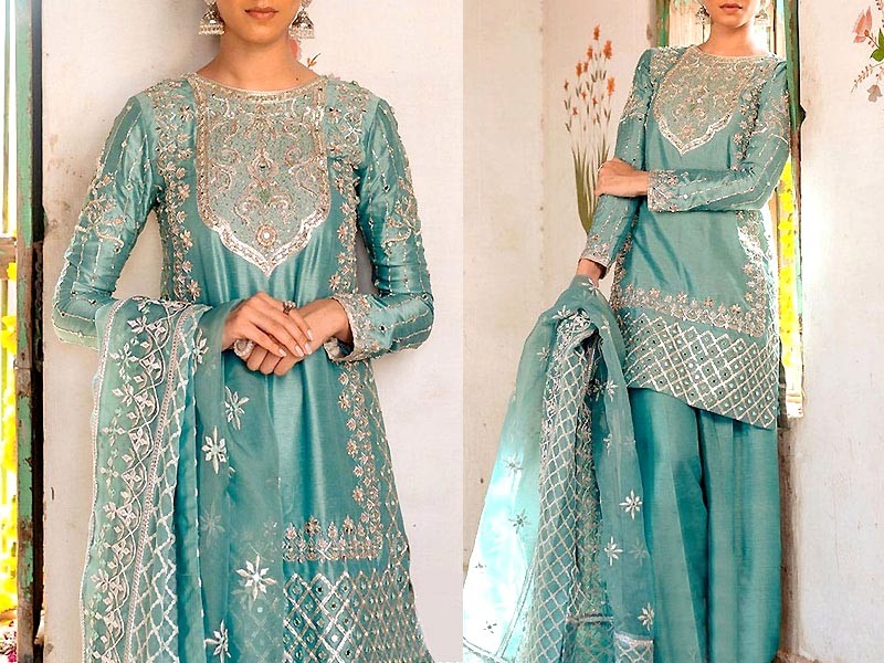 Mirror Work Embroidered Masoori Dress with Embroidered Net Dupatta Price in Pakistan