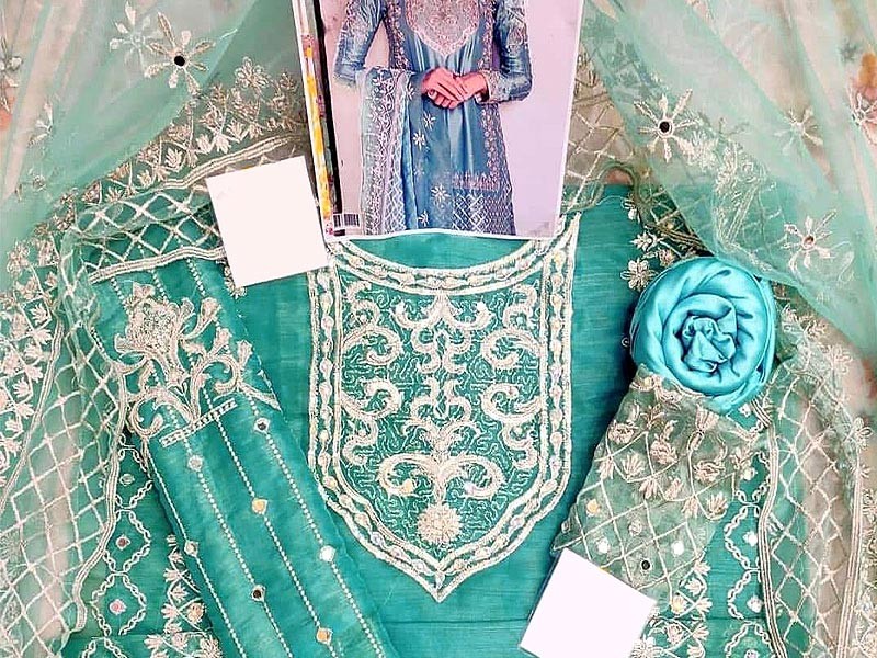 Mirror Work Embroidered Masoori Dress with Embroidered Net Dupatta