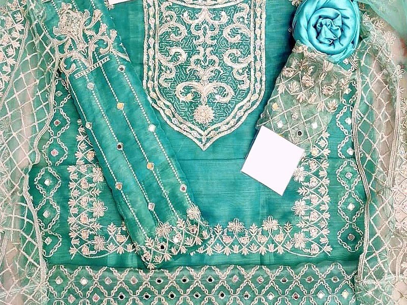 Mirror Work Embroidered Masoori Dress with Embroidered Net Dupatta