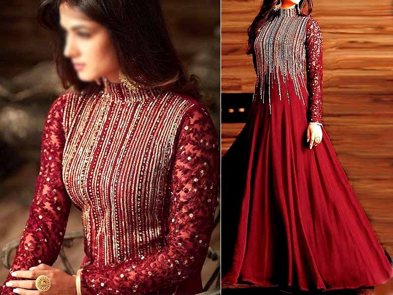 Mirror Work Embroidered Red Chiffon Party Wear Dress Price in Pakistan