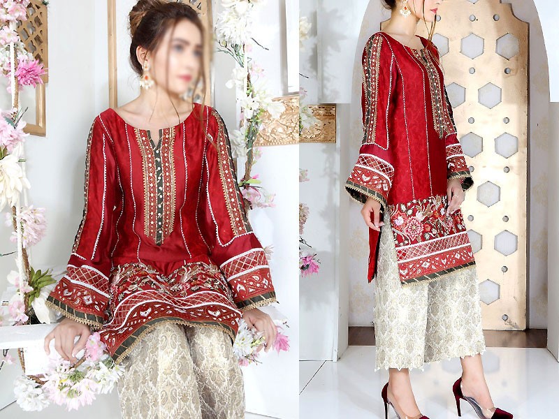 Heavy Embroidered Red Cotton Dress with Embroidered Trouser