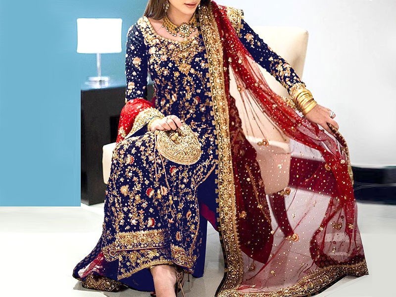 Heavy Embroidered Navy Blue Chiffon Wedding Dress with Net Dupatta