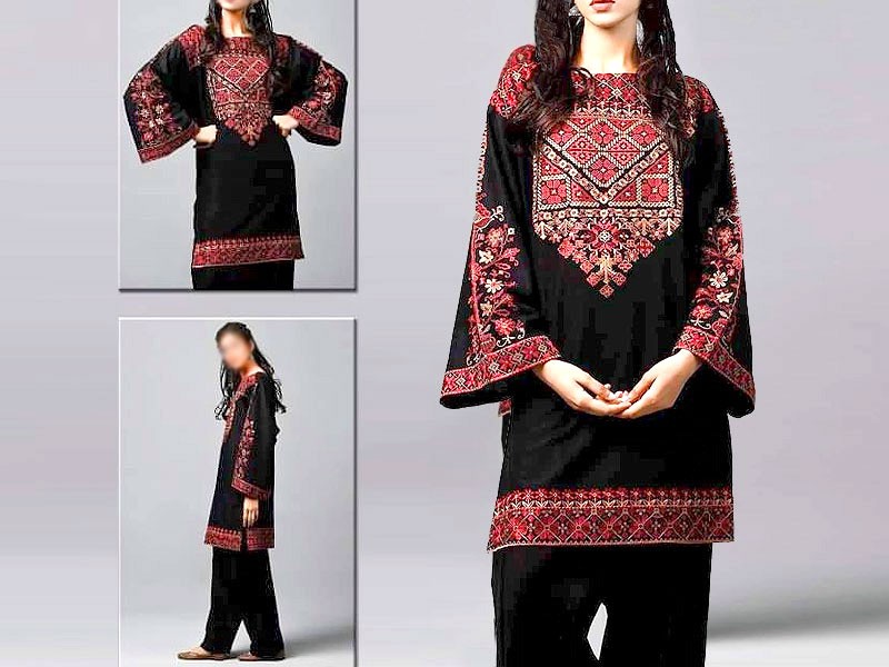 Ethnic Sequins Embroidered 2-Piece Black Cotton Lawn Dress Price in Pakistan