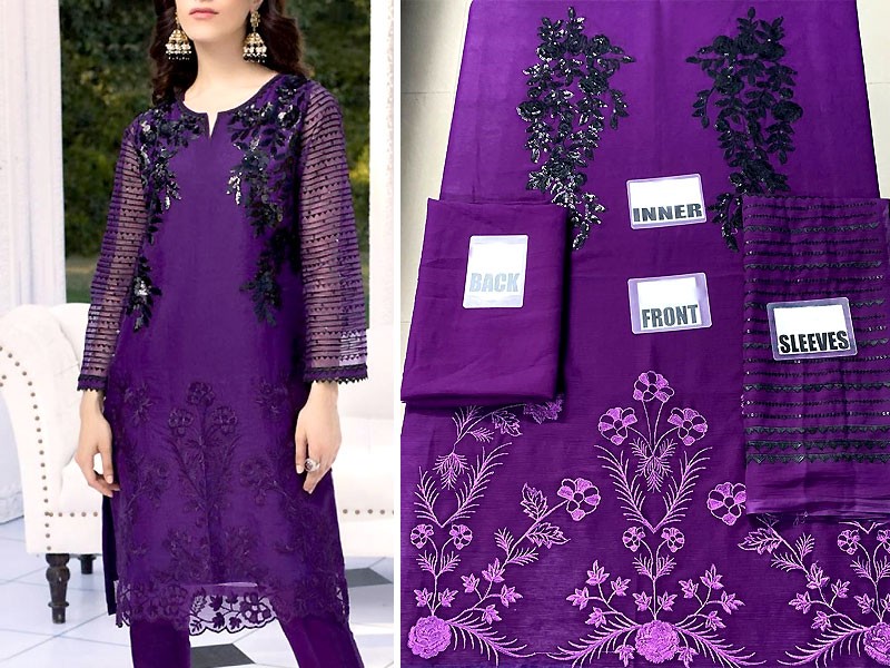Embroidered Purple Organza Kurti with Inner