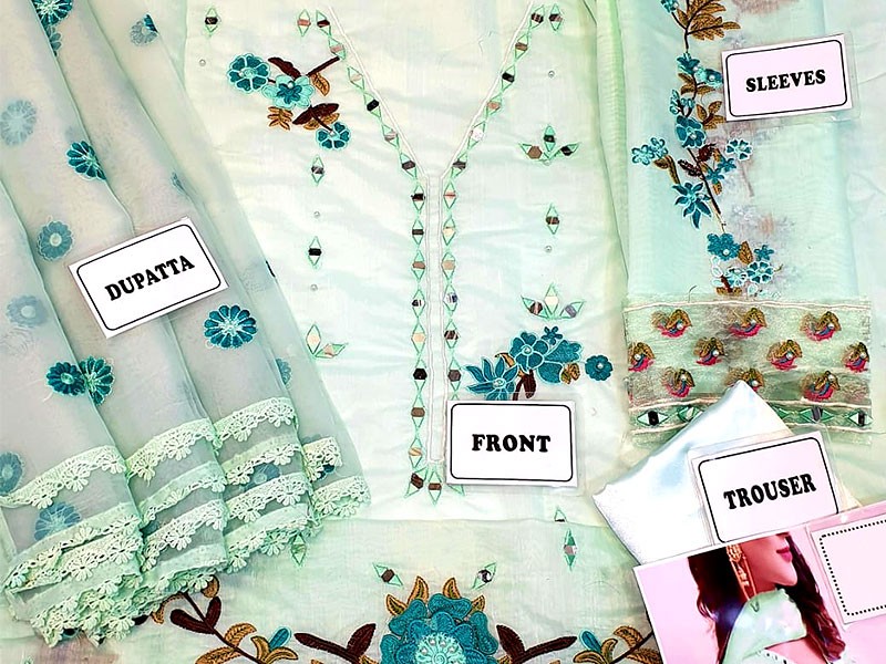 Elegant Mirror Work Embroidered Paper Cotton Dress 2021 with Silk Trouser