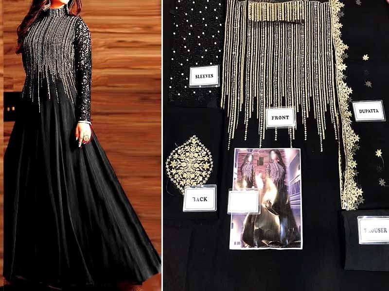 Indian Embroidered Black Chiffon Maxi Dress