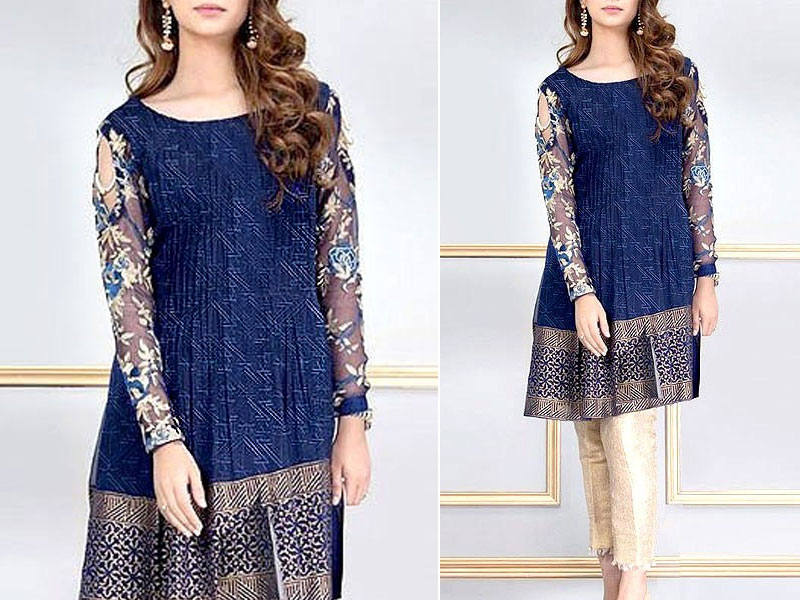 2-Piece Heavy Embroidered Blue Lawn Dress with Embroidered Trouser