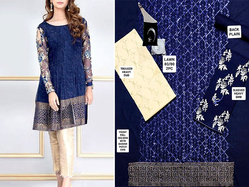 2-Piece Heavy Embroidered Blue Lawn Dress with Embroidered Trouser