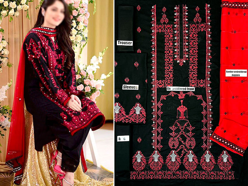 Traditional Embroidered Lawn Dress with Embroidered Bamber Chiffon Dupatta