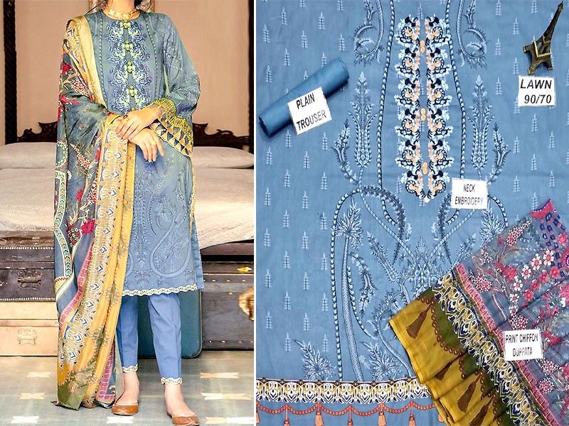 Elegant Embroidered Lawn Suit with Chiffon Dupatta