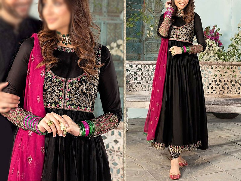 Elegant Embroidered Black Chiffon Party Wear Frock